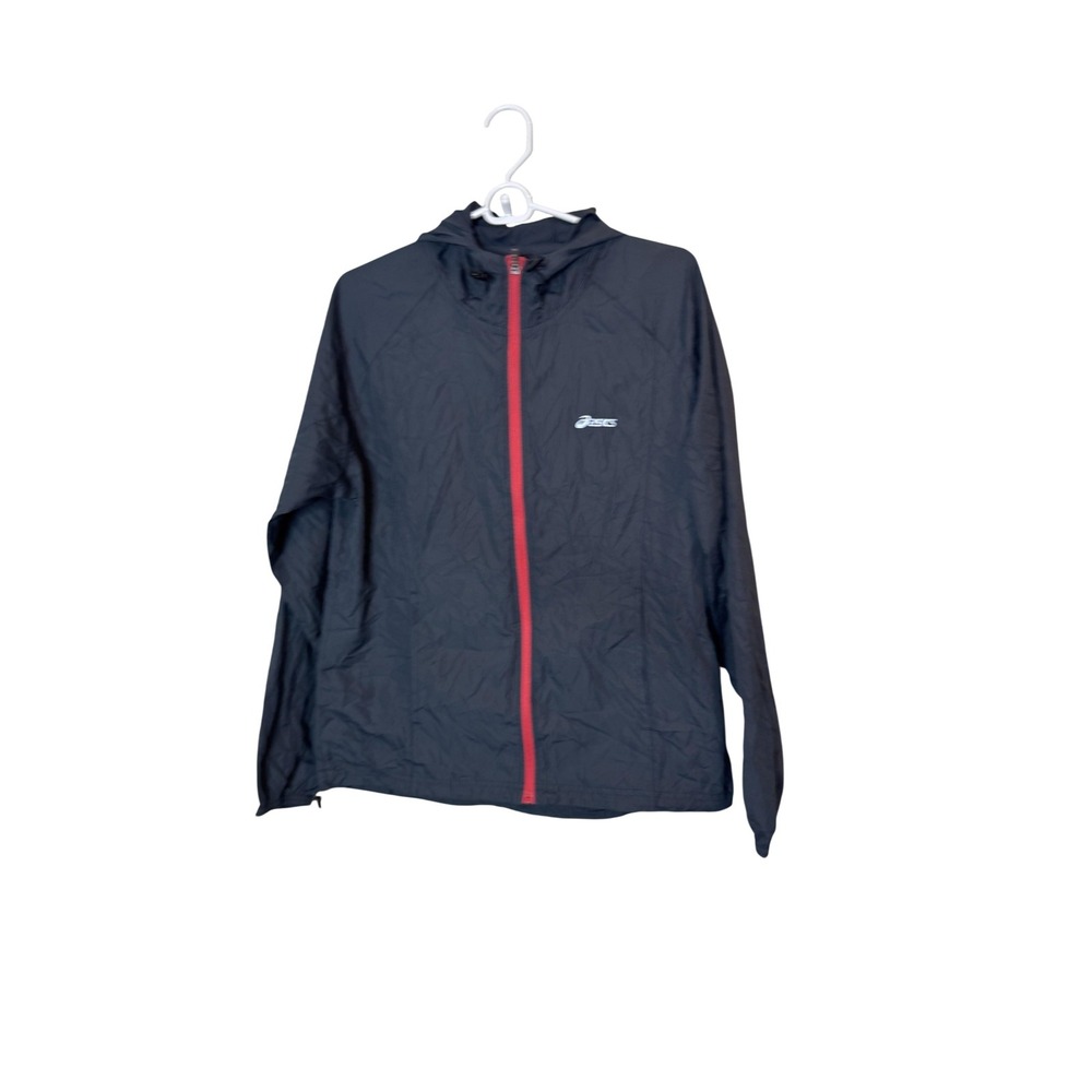 ASICS Jacket Mens Medium Blue Hooded‎ Lightweight Running Windbreaker Zip Front